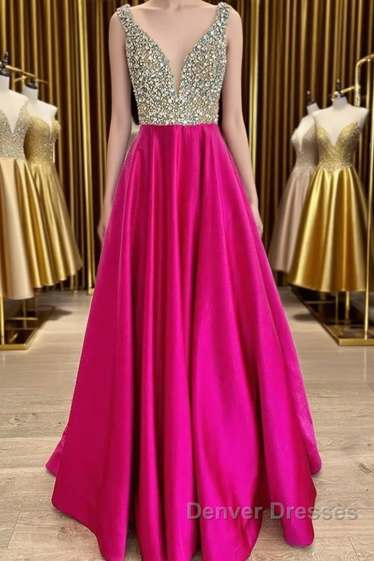 A Line V Neck Beaded Fuchsia Long Prom Dress, V Neck Fuchsia Formal Dress, Beaded Fuchsia Evening Dress Main image