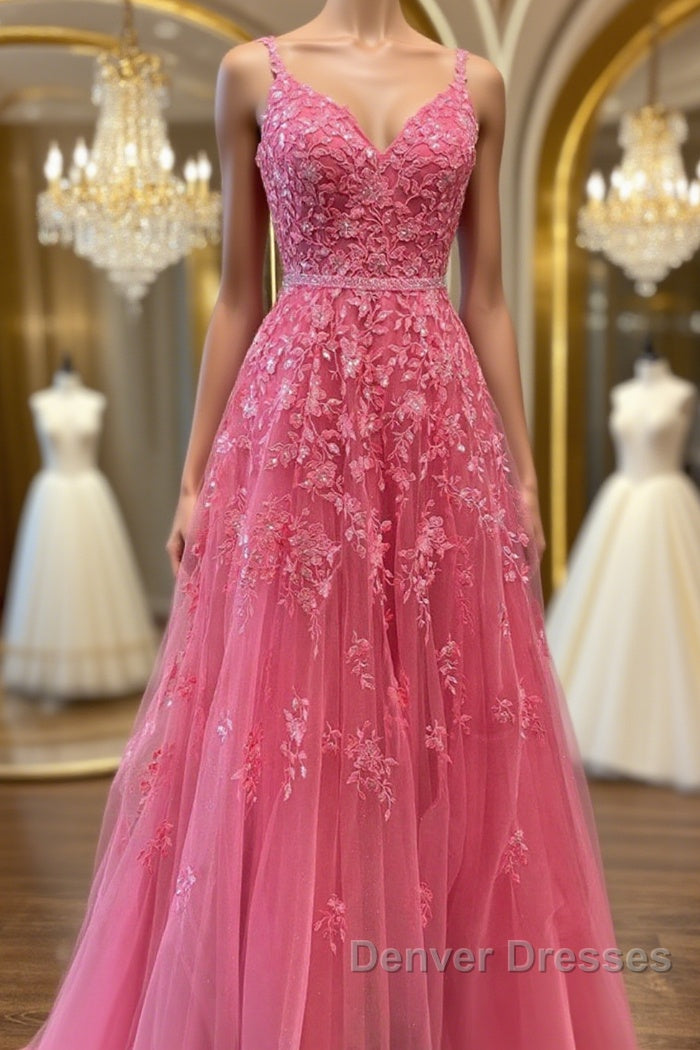 A Line V Neck Beaded Hot Pink Lace Long Prom Dress, Hot Pink Lace Formal Graduation Evening Dress Main image