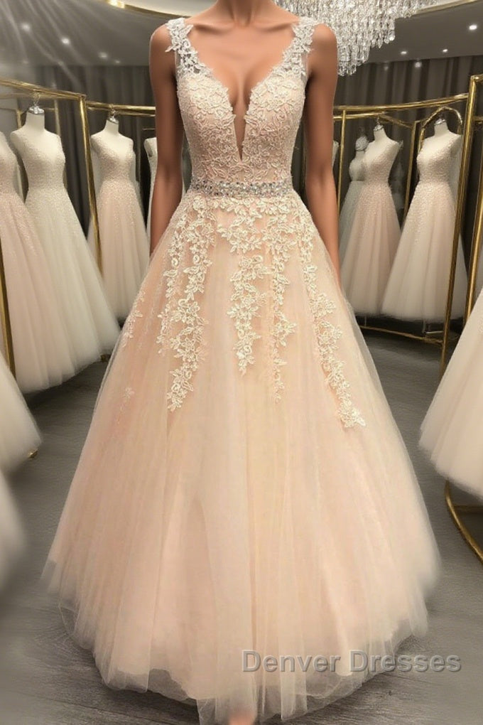 A Line V Neck Beaded Pink Lace Long Prom Dress, V Neck Pink Lace Formal Dress, Pink Lace Evening Dress Main image