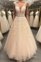 A Line V Neck Beaded Pink Lace Long Prom Dress, V Neck Pink Lace Formal Dress, Pink Lace Evening Dress