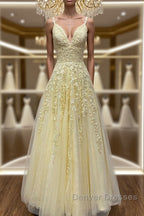 A Line V Neck Beaded Yellow Lace Tulle Long Prom Dress, Yellow Lace Formal Dress, Beaded Yellow Evening Dress