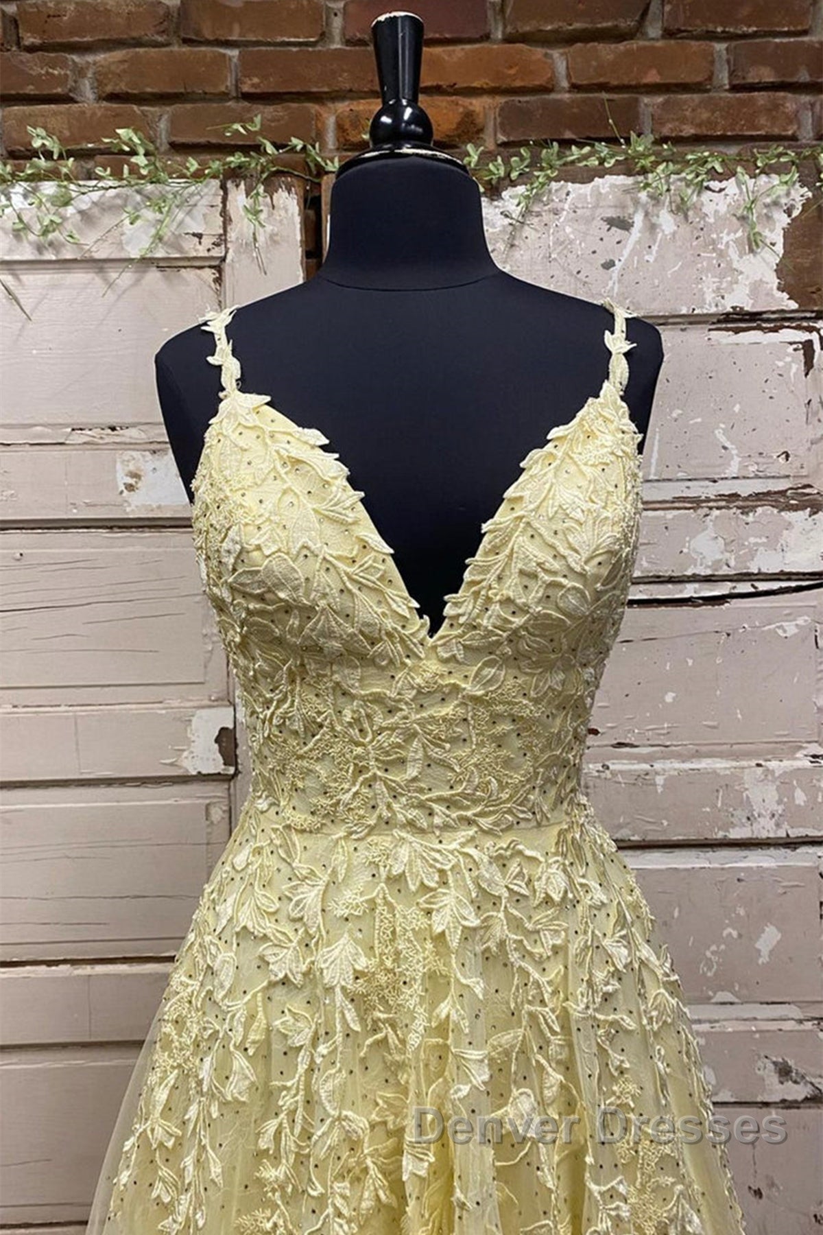 A Line V Neck Beaded Yellow Lace Tulle Long Prom Dress, Yellow Lace Formal Dress, Beaded Yellow Evening Dress Secondary image