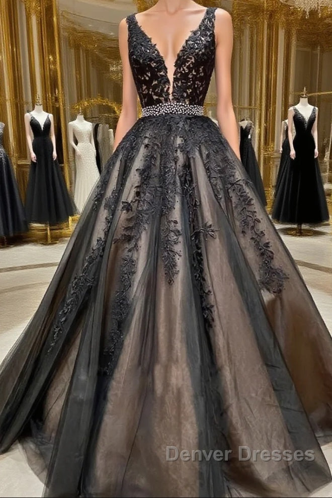 A Line V Neck Black Lace Prom Dress, Black Lace Formal Evening Dress Main image