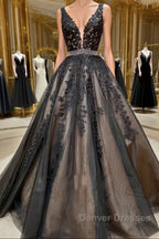 A Line V Neck Black Lace Prom Dress, Black Lace Formal Evening Dress