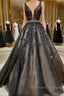 A Line V Neck Black Lace Prom Dress, Black Lace Formal Evening Dress