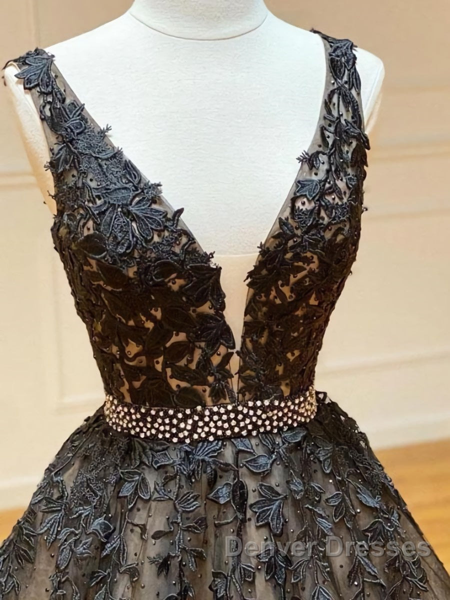 A Line V Neck Black Lace Prom Dress, Black Lace Formal Evening Dress Secondary image