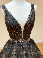 A Line V Neck Black Lace Prom Dress, Black Lace Formal Evening Dress
