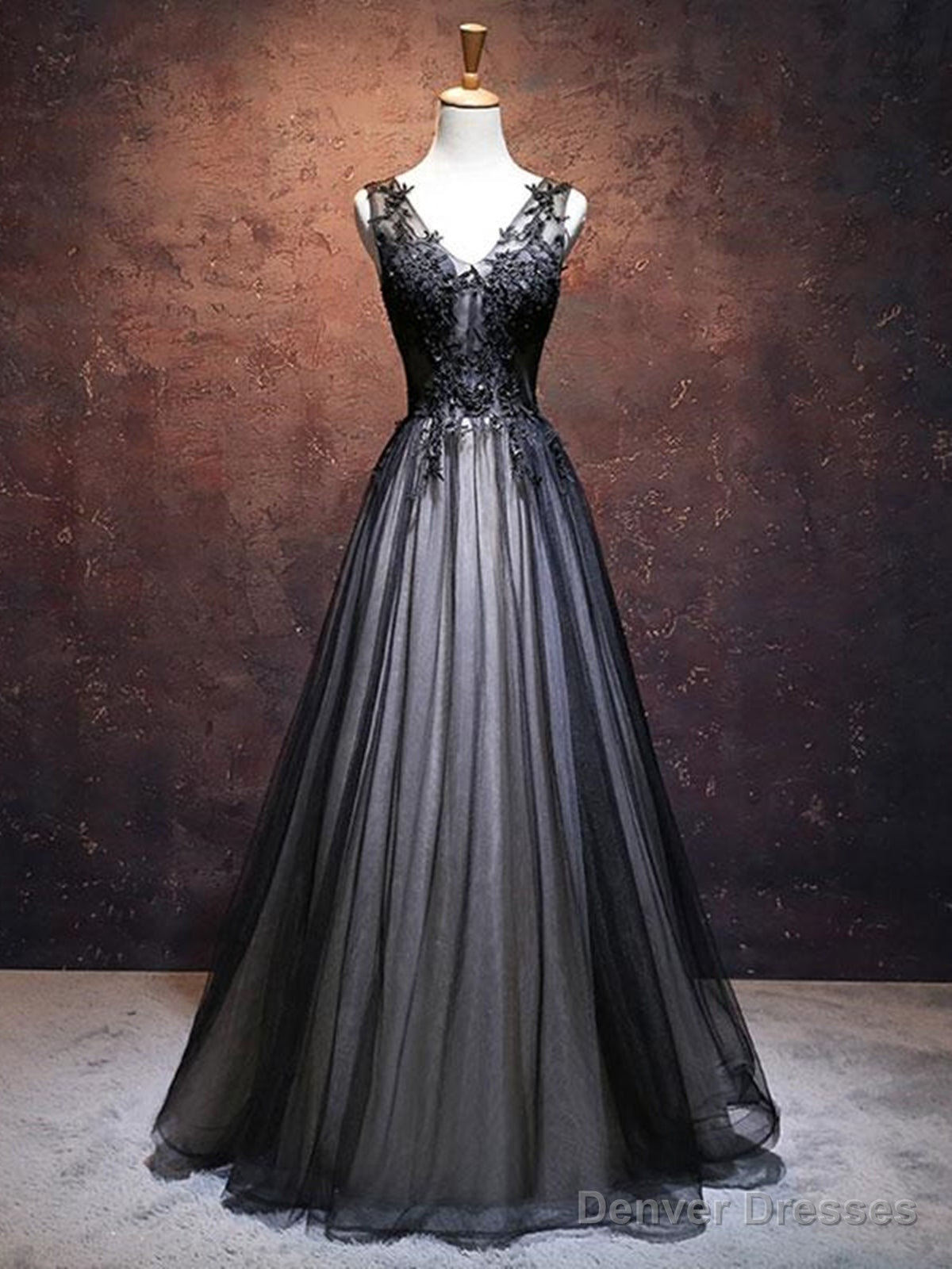 A Line V Neck Black Lace Prom Dresses, Black V Neck Lace Formal Evening Dresses Main image