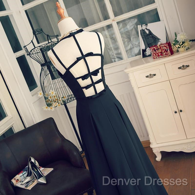 A Line V Neck Black Long Prom Dress With Corss Back, Black Long Formal Evening Graduation Dress