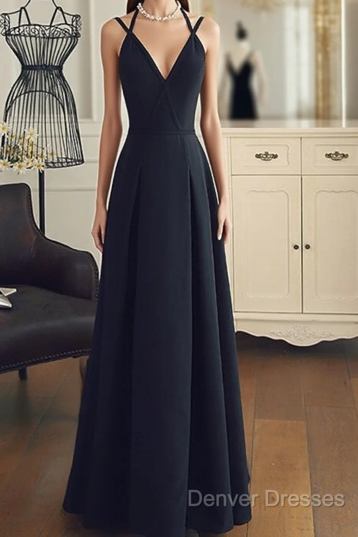 A Line V Neck Black Long Prom Dress With Corss Back, Black Long Formal Evening Graduation Dress