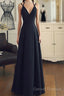 A Line V Neck Black Long Prom Dress With Corss Back, Black Long Formal Evening Graduation Dress