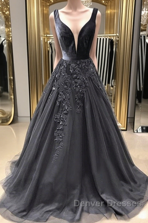 A Line V Neck Black Long Prom Dress with Lace Appliques, V Neck Black Lace Formal Evening Dress