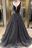 A Line V Neck Black Long Prom Dress with Lace Appliques, V Neck Black Lace Formal Evening Dress