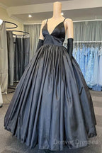 A Line V Neck Black Prom Dress With Pocket Long Satin Formal Graduation Dress