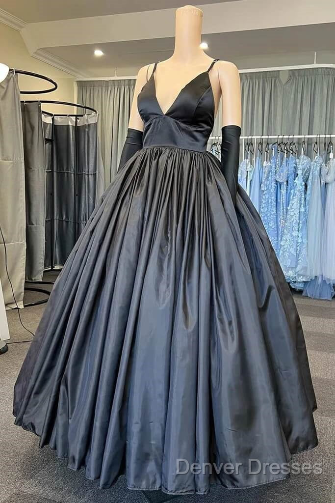 A Line V Neck Black Prom Dress With Pocket Long Satin Formal Graduation Dress