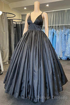 A Line V Neck Black Prom Dress With Pocket Long Satin Formal Graduation Dress