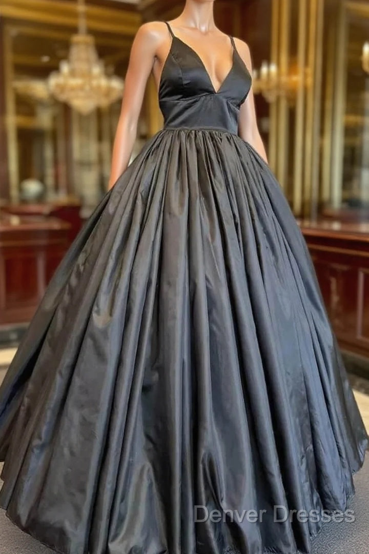 A Line V Neck Black Prom Dress With Pocket Long Satin Formal Graduation Dress