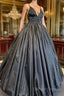 A Line V Neck Black Prom Dress With Pocket Long Satin Formal Graduation Dress