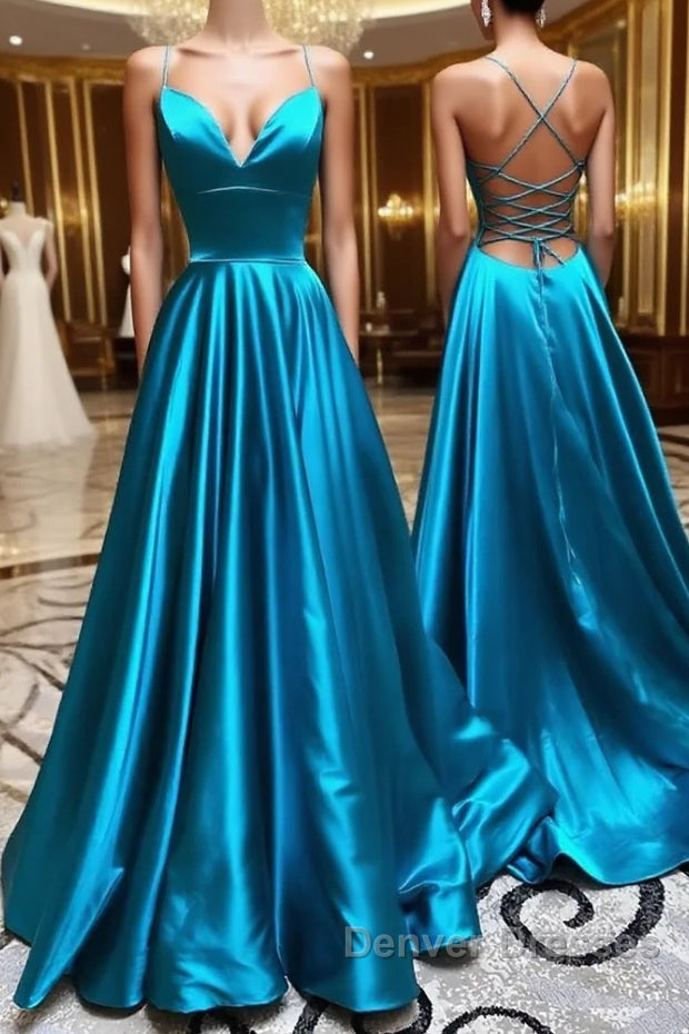 A Line V Neck Blue Backless Long Prom Dress, Open Back Blue Long Formal Evening Dress Main image