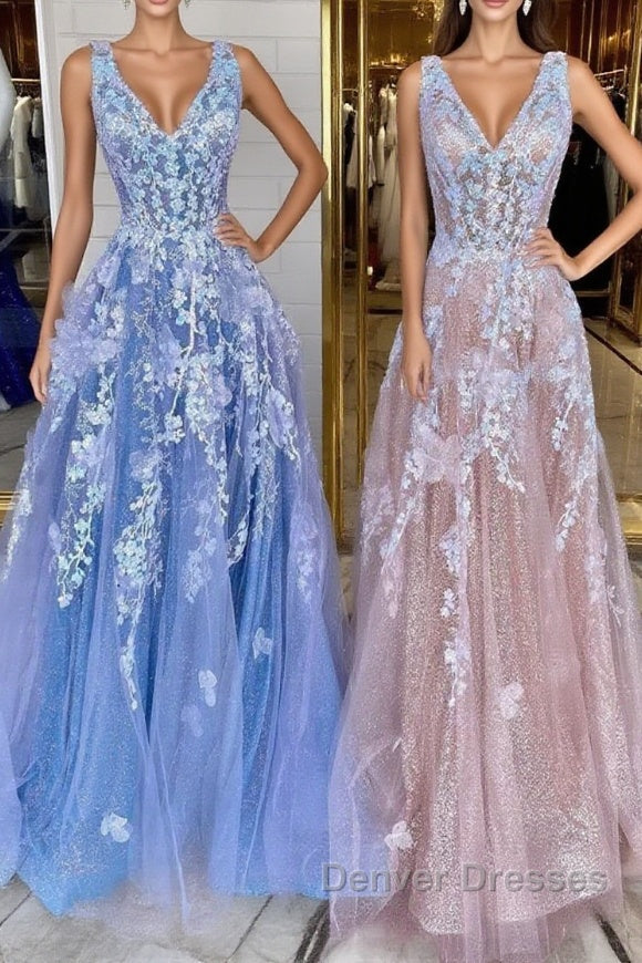 A Line V Neck Blue/Champagne Lace Floral Long Prom Dress, Blue/Champagne Lace Formal Evening Dress Main image