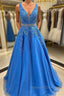 A Line V Neck Blue Lace Long Prom Dress with Belt, Blue Lace Formal Evening Dress