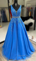 A Line V Neck Blue Lace Long Prom Dress with Belt, Blue Lace Formal Evening Dress
