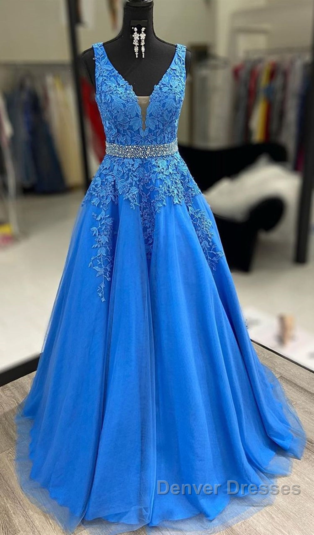 A Line V Neck Blue Lace Long Prom Dress with Belt, Blue Lace Formal Evening Dress