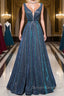 A-line V Neck Blue Long Prom Dress, Blue Formal Dress