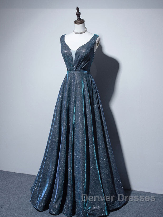 A-line V Neck Blue Long Prom Dress, Blue Formal Dress