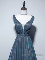 A-line V Neck Blue Long Prom Dress, Blue Formal Dress
