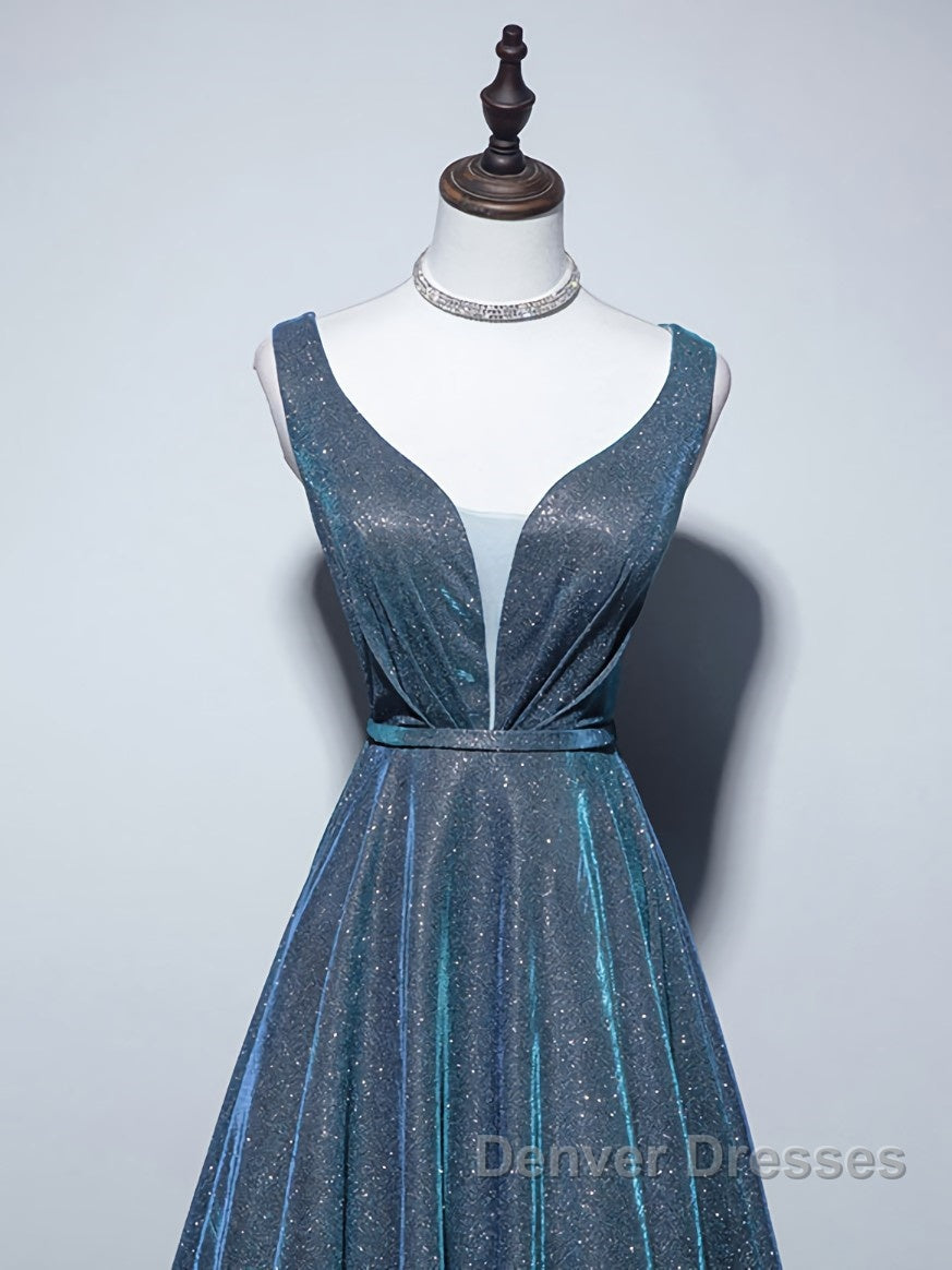A-line V Neck Blue Long Prom Dress, Blue Formal Dress