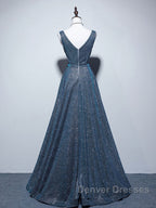 A-line V Neck Blue Long Prom Dress, Blue Formal Dress