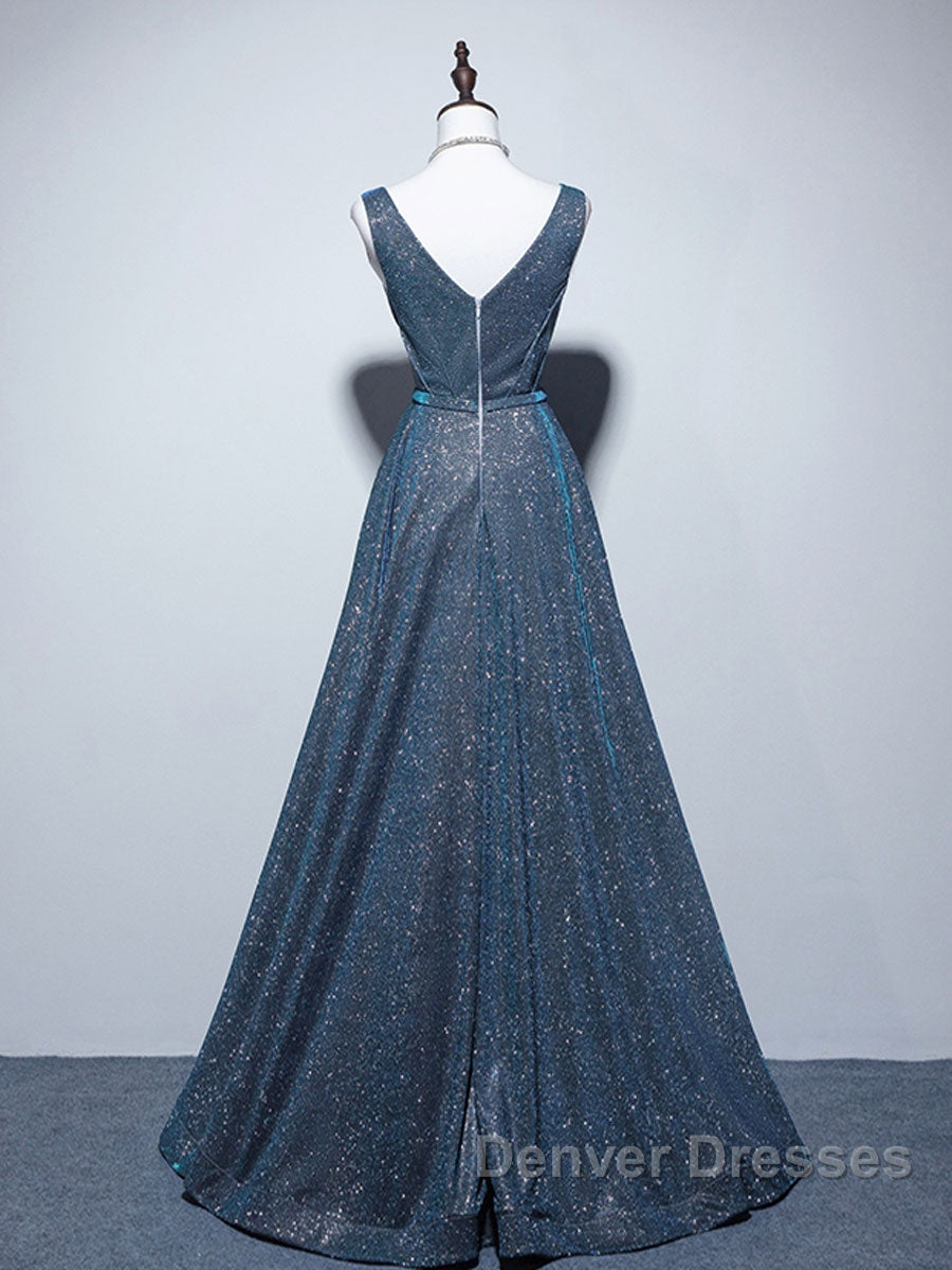 A-line V Neck Blue Long Prom Dress, Blue Formal Dress