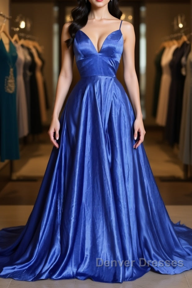 A Line V Neck Blue Long Prom Dress, V Neck Blue Formal Graduation Evening Dress Main image