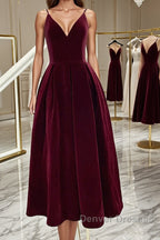 A Line V Neck Burgundy Black Tea Length Prom Dress, Short Black Wine Red Formal Homecoming Dress