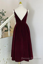 A Line V Neck Burgundy Black Tea Length Prom Dress, Short Black Wine Red Formal Homecoming Dress