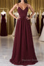 A Line V Neck Burgundy Chiffon Long Prom Dress with Lace Back, V Neck Lace Back Burgundy Formal Graduation Evening Dress