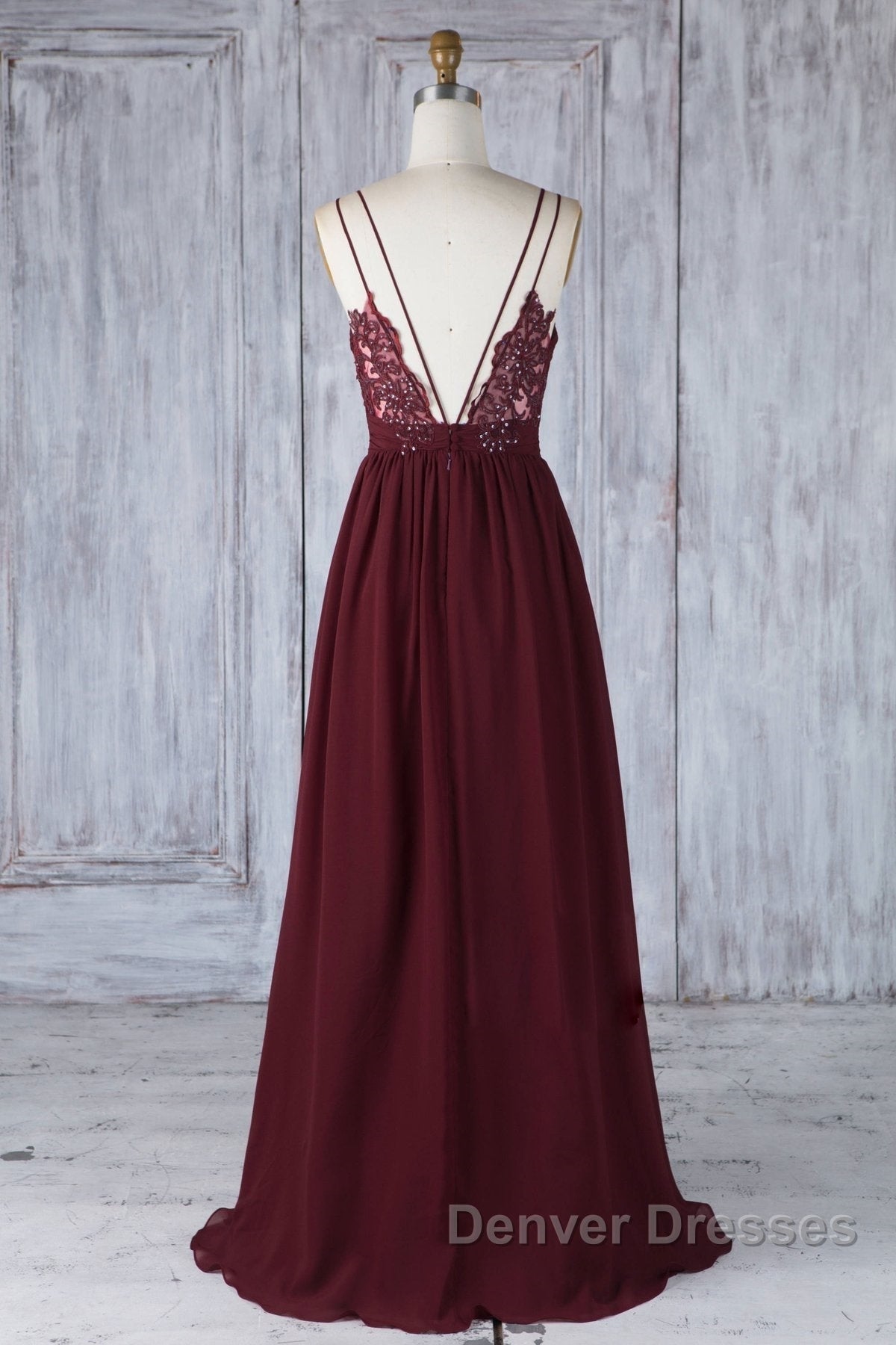 A Line V Neck Burgundy Chiffon Long Prom Dress with Lace Back, V Neck Lace Back Burgundy Formal Graduation Evening Dress