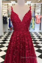 A Line V Neck Burgundy Lace Prom Dress, Wine Burgundy Lace Formal Evening Dress