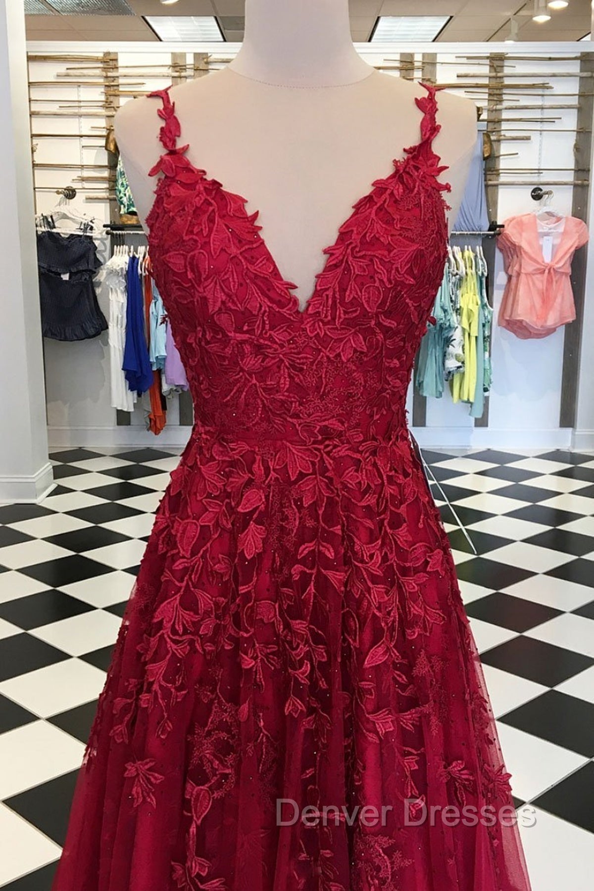 A Line V Neck Burgundy Lace Prom Dress, Wine Red Lace Formal Evening Dress