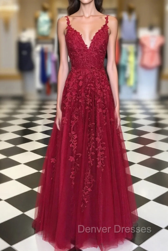 A Line V Neck Burgundy Lace Prom Dress, Wine Red Lace Formal Evening Dress