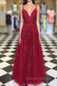 A Line V Neck Burgundy Lace Prom Dress, Wine Red Lace Formal Evening Dress