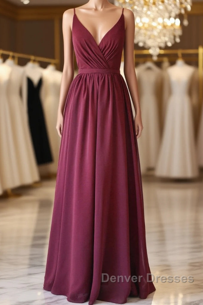 A Line V Neck Burgundy Long Prom Dress with Lace Back, V Neck Burgundy Formal Evening Dress, Burgundy Bridesmaid Dress Main image