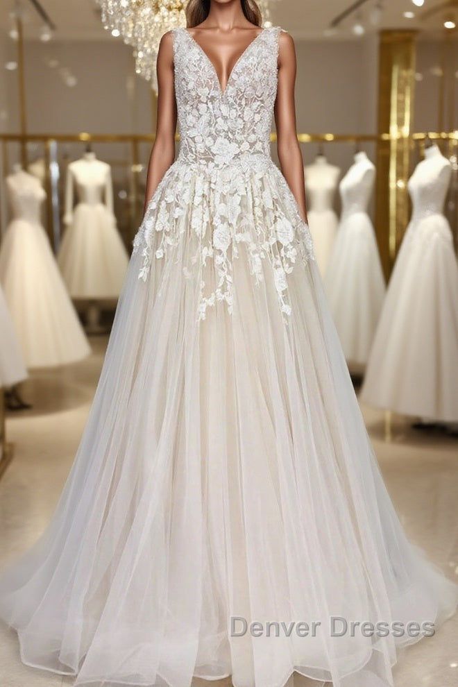 A Line V Neck Champagne Lace Long Prom Dress, Champagne Lace Formal Dress, Champagne Evening Dress