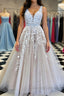 A Line V Neck Champagne Lace Prom Dress, Champagne Lace Formal Evening Dress