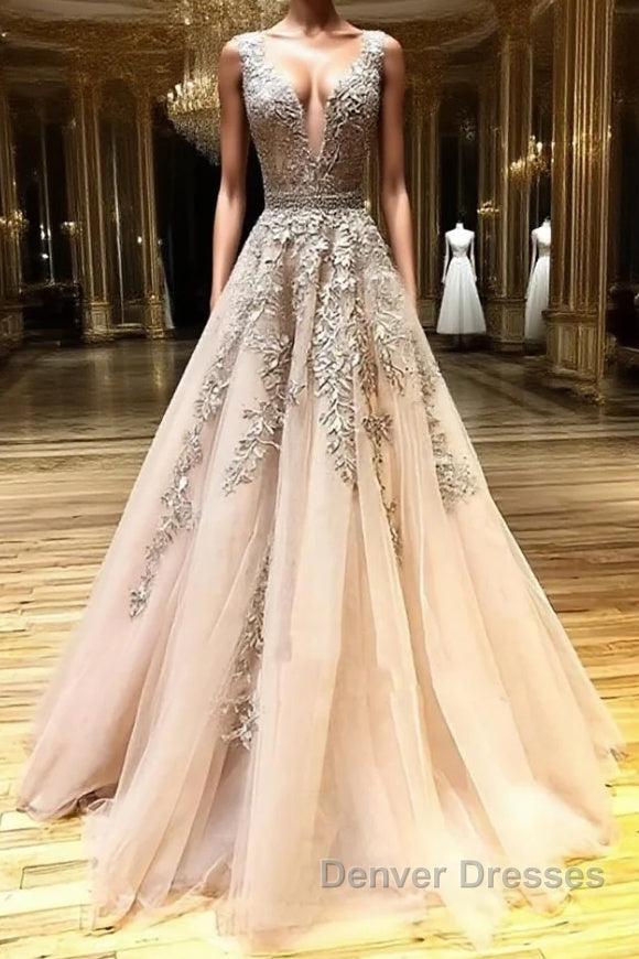 A Line V Neck Champagne Lace Prom Dress, V Neck Champagne Lace Formal Graduation Evening Dress Main image