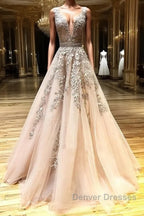 A Line V Neck Champagne Lace Prom Dress, V Neck Champagne Lace Formal Graduation Evening Dress