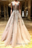 A Line V Neck Champagne Lace Prom Dress, V Neck Champagne Lace Formal Graduation Evening Dress