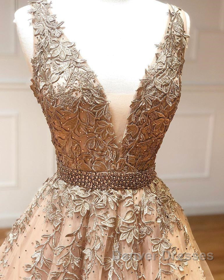 A Line V Neck Champagne Lace Prom Dress, V Neck Champagne Lace Formal Graduation Evening Dress Secondary image