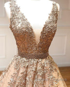 A Line V Neck Champagne Lace Prom Dress, V Neck Champagne Lace Formal Graduation Evening Dress